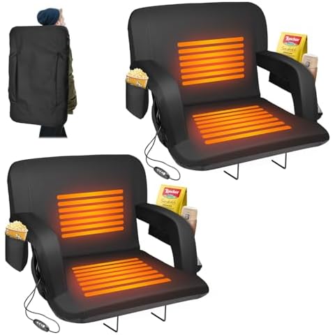 Suteck 2PC Dual-Side Heated Stadium Seat with Back Support, 23" Wide Cushion, Foldable Bleacher Chair W/USB 3-Level Heating, 5 Storage Pockets – Portable Stadium Chair for Outdoor Camping Sports Game Cover