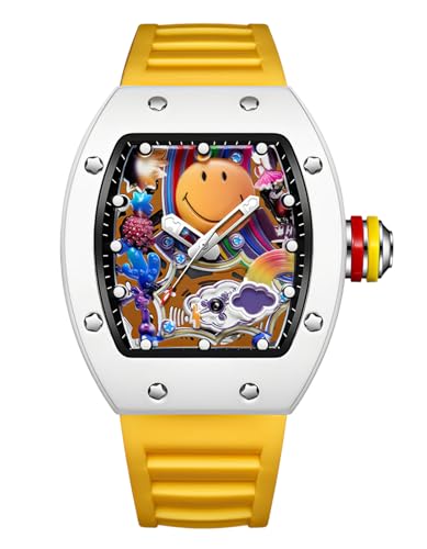 Gosasa Mens Fashion Colorful Smiley Face Watch Trendy Creative Big Face Tonneau Men Wristwatch with Silicone Strap Unique Cool Luminous Design Gift Watch (Yellow)