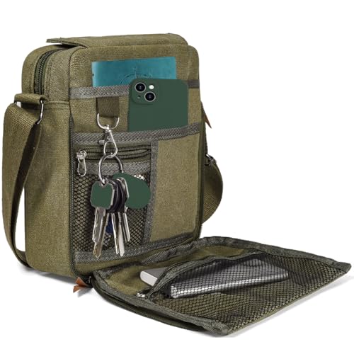 CAAORDKSO Vintage Canvas Messenger Bag Small Crossbody Bag Shoulder Bag for Men Women Chest Bag Travel Bag Multi Pocket Purse (Army Green)