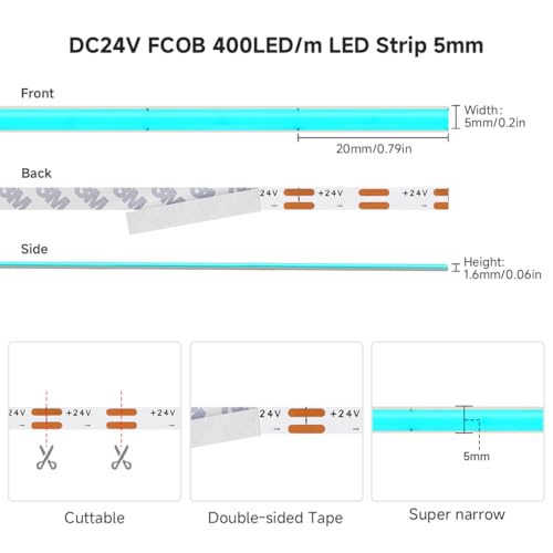 Image of 5mm Ice Blue COB LED Strip Light DC24V Narrow Thin Flexible High Density Uniform Cob Strips 16.4FT UL Listed Dimmable CRI 90+ LED Tape Lights for Car Cabinets, No Controller /Adapter