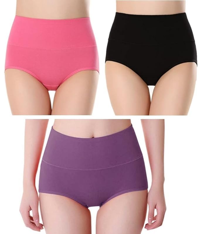 Women's High Waisted Cotton Underwear Ladies Soft Briefs Panties l Women Antibacterial Cotton Hipster Panty l Women's Seamless High - Rise Panties Hipster (Pack of 3)