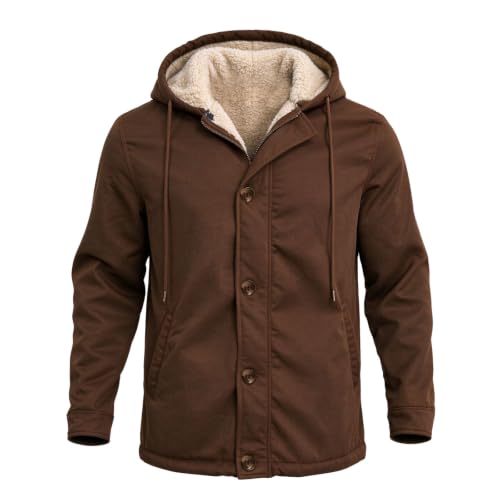 GOSEAGOTOFUN Mens Fleece Jacket Hooded Fleece Lined Work Jacket Long Sleeve Button Down Casual Coat Winter Warm Outdoor Coat Coffee Small - image 4