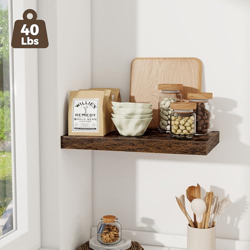 Image of Fun Memories 24 x 12 Inch Deep Floating Shelves, 12 Inch Deep Rustic Wooden Book Shelf, Extra Deeper & Thicker Hanging Shelves for Living Room, Bathroom, Bedroom, Kitchen, Office, Set of 2 (Brown)