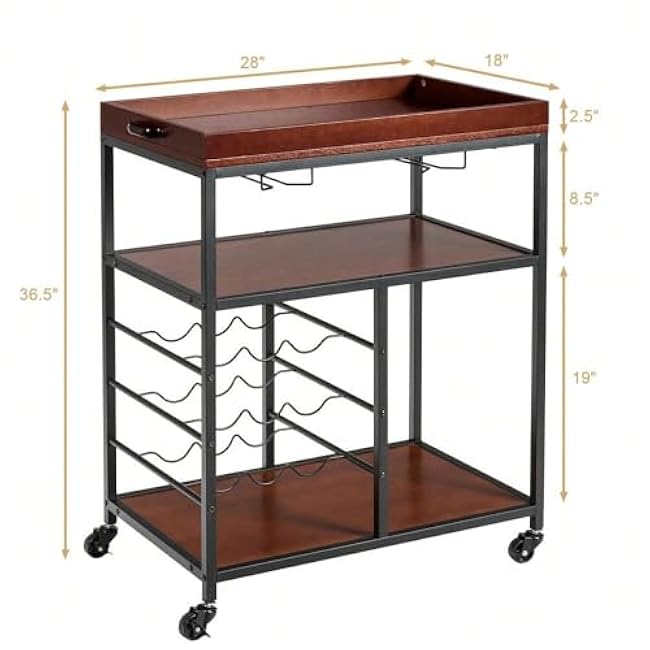 3 Tier Kitchen Trolley Utility Bar Serving Cart with Wine Rack & Glass Holder-AGGxmn1h