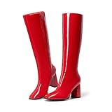 DREAM PAIRS Women's Knee High Square Toe Heel Boots,Red-Pat,8.5