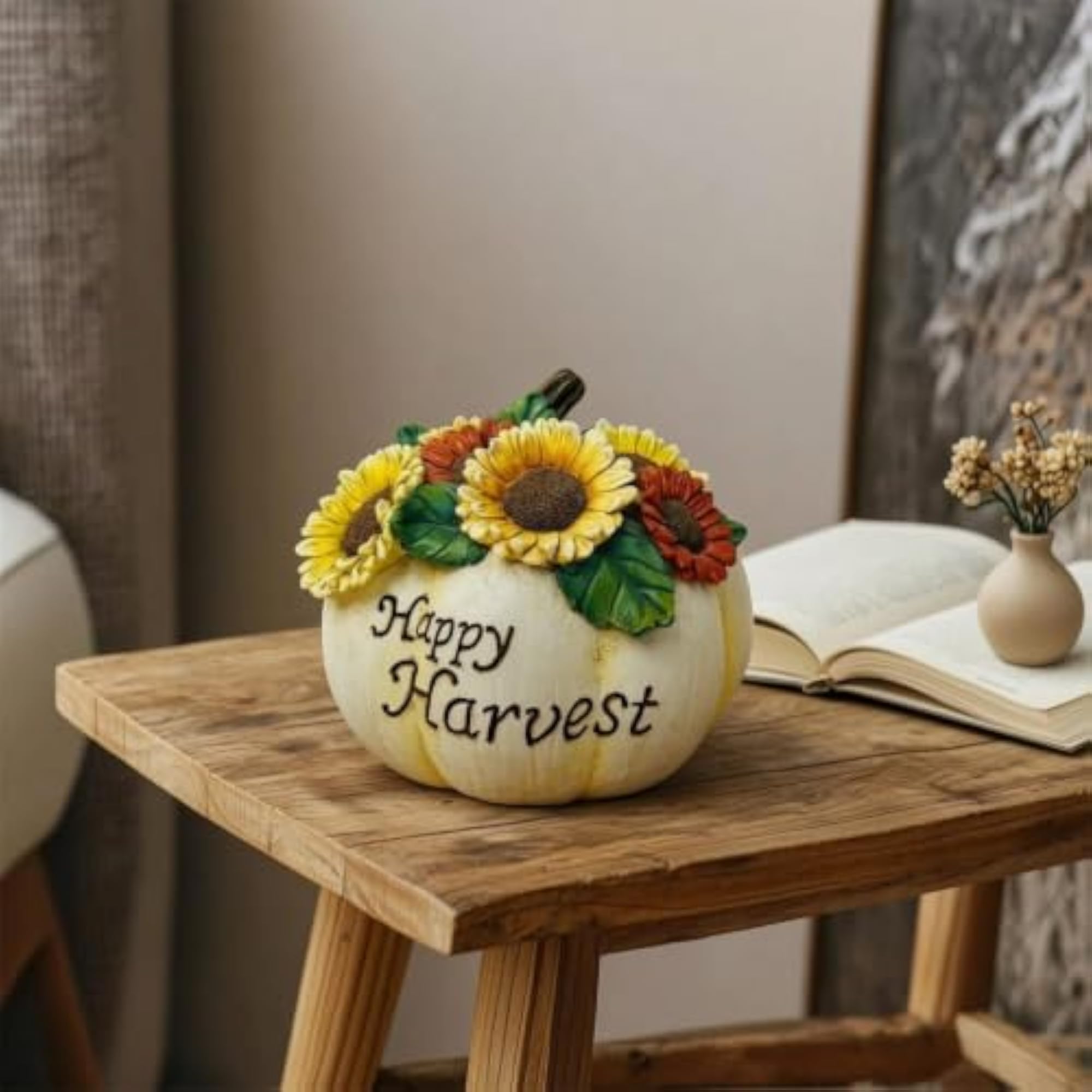 Fall Pumpkin Figurine Rustic Pumpkin with Sunflowers Decor