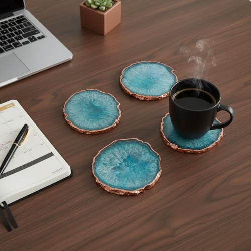 Image of Natural Agate Stone Tea Coasters Set | Premium Stone Coasters for Tea, Coffee & Glass | Heat Resistant Coasters for Dining Table, Office Desk & Home Decor | Pack of 4 | Color -Turquoise