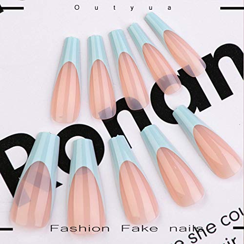 Outyua French Extra Long Press on Nails Glossy Coffin Fake Nails V Shape Super Long False Nails Acrylic Ballerina Full Cover Nails 20Pcs for Woemen and Girls (Light Blue)