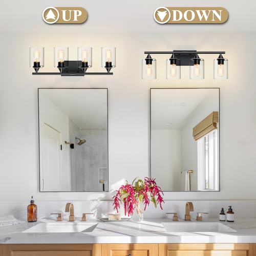 Image of 4-Light Bathroom Light Fixtures,Black Bathroom Vanity Light,Bathroom Lights Over Mirror with Clear Glass Shade,Modern Sconce Wall Lighting for Mirror Bedroom Vanity Hallway