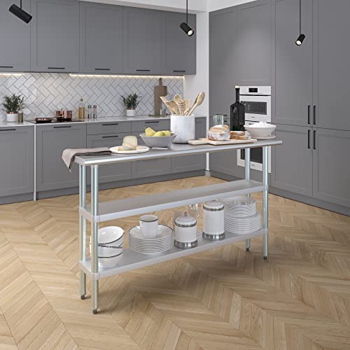 Image of AmGood Stainless Steel Work Table with 2 Shelves | NSF | Metal Utility Table (60 inch Long x 14 inch Deep)