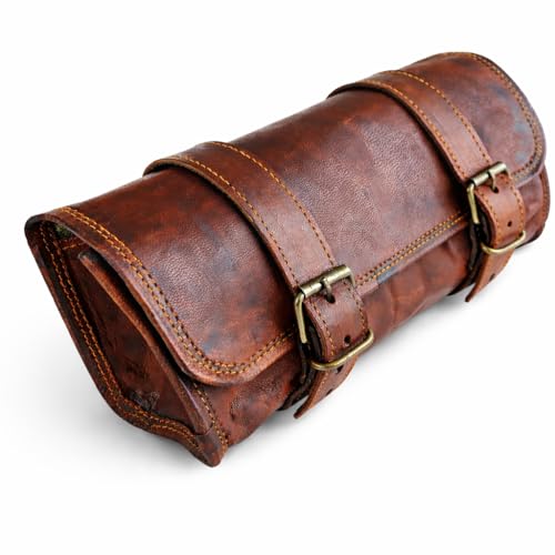 Image of american blue Vintage Genuine Goat Leather Motorcycle Bag 2 Strap Buckle Closure Brown Tool Bag Quick Release Reinforced Handlebar Fork Leather Bike Bag (Pattern 10)