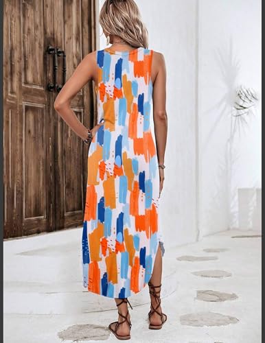 Image of Zeagoo Colorful Print Maxi Dress, Polyester Blend, Sleeveless, Loose, Adult, Female, Womens, Casual, Patterned, Pleated, Side Split, Anniversary, Large