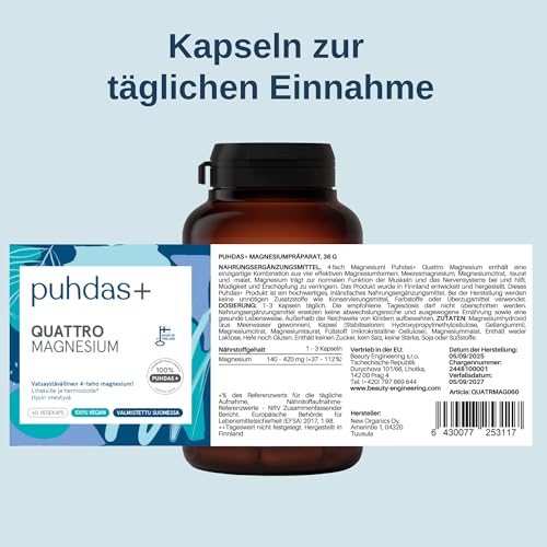puhdas+ Quattro Magnesium | Hochdosiert | 60 vegane Kapseln | Magnesium-Komplex aus Magnesiumtaurat, Magnesiummalat, Magnesiumcitrat & Magnesiumhydroxid | Hergestellt in Finnland