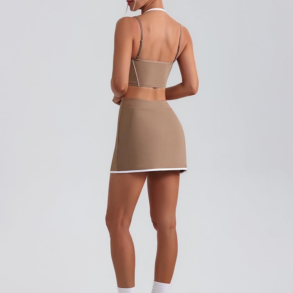Vêtements de Sport sans Couture pour Femme Ensemble de 2 Pièces Soutien-Gorges Sports Dos Nu + Jupe de Tennis avec Shorts Intégrés Yoga Fitness Entraînement Tenues de Sport Survêtemen