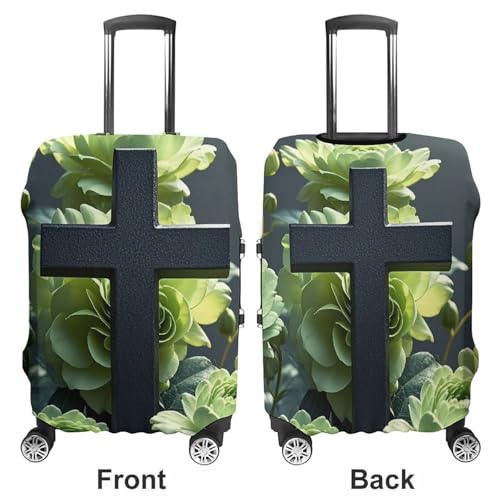 Black Cross Among Green Flowers Printed Luggage Cover Protector, Fits 18-32 Inch Luggage3