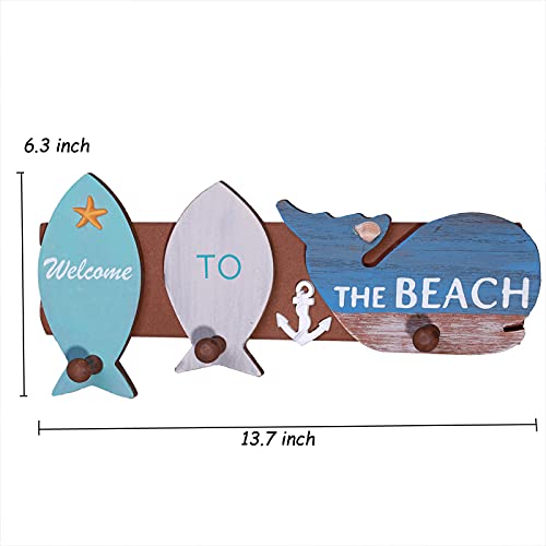2-Pack Nautical Theme Hook Wall Mounted Wooden Coat Rack Key Hooks, Wooden Fish Welcome Key Holder for Wall with 3 Hooks Organizer, Welcome Door Wall Hook with Beach Nautical Decoration - Image 3