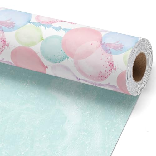LaRibbons Pastel Birthday Wrapping Paper, Watercolor Balloon with Confetti Design for Birthday Gift Wrap for Kids & Adults, Gender Neutral Party Gift Wrapping for Baby Showers, Holiday, 17 '' x 33 Ft