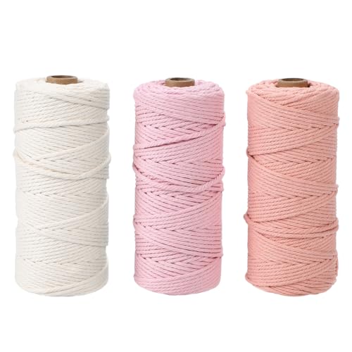 Studio Curtain マクラメコード 3巻セット（幅3mm×長さ100m）パステルカラー 綿100％ コットンロープ 手芸 ハンドメイド用 (オフホワイト・ベビーピンク・コーラルレッド)