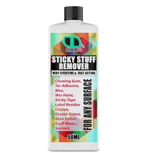 Sticky Stuff Remover chewing gum, sticky labels multi-surface adhesive used wood, glass, metal, tiles, painted surfaces, grease, tar, glue, wax, crayon & much more (50ml Cap)