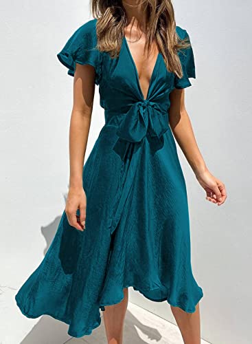 miduo Womens Satin V Neck Ruffle Short Sleeve Tie Front High Waist Midi A-Line Maxi Dresses2