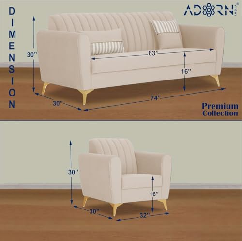 Image of Adorn India Premium Luster 3-1-1 Sofa Set | Velvet Suede Fabric | 3-Year Warranty | Color Cream with Golden Legs & Striped Pattern Cushion