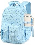 BTOOP Linda mochila para meninas escolares, mochila estética de veludo cotelê para meninas adolescentes, Floral azul, Large, Bonito
