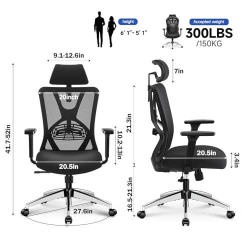 Image of Ticova Ergonomic Office Chair - High Back Desk Chair with Adjustable Lumbar Support, Headrest & 3D Armrest - 130Rocking Mesh Computer Chair
