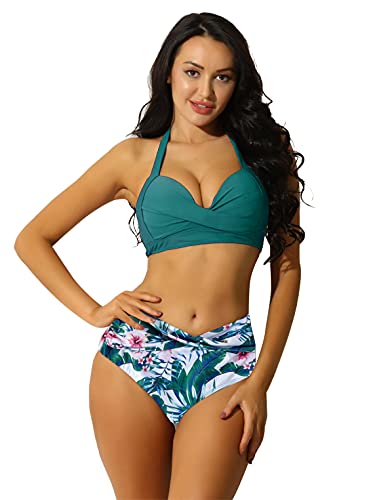 TTAO Bikini para mujer push-up, traje de baño de dos piezas, ropa de baño estampada, bikini de playa, sujetador, parte superior + slip de baño S-XXL, Verde Oscuro & Blanco, M