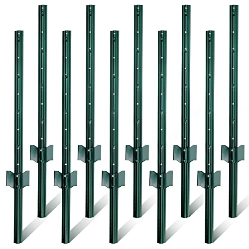 Gtongoko 3 Feet Sturdy Duty Metal Fence Post, Pack of 10, U Post for Fencing Green Fence Posts for Garden Yard and Outdoor Wire