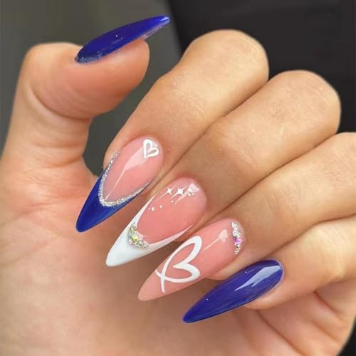 Image of Stiletto Press on Nails Medium Blue Fake Nails Heart False Nail with Design Rhinestone Glue on Nails Artificial French Acrylic Nail Glossy Full Cover Stick on Nail for Women Girls Manicure 24pcs