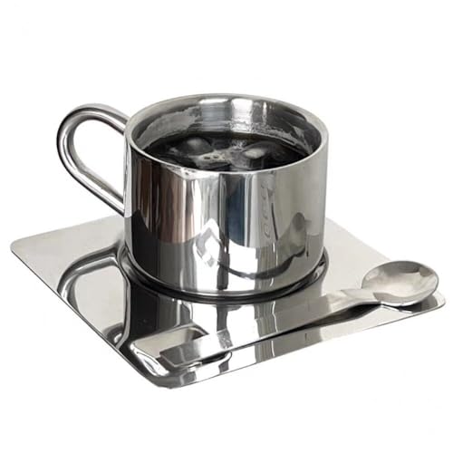 Dianzan Stainless Steel Coffee Mug Set, 175ml Double Wall Coffee Mug with Saucer Cup Spoon Handle Metal Coffee Tea Cup Set for Home Cafe