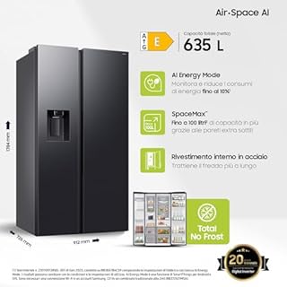 Samsung Frigorifero Side by Side Air Space AI RS70F64KEF/EF con Dispenser Acqua/Ghiaccio, Wifi con AI Energy Mode, SpaceMax, All-Around Cooling, 635 L, LxAxP: 91,2 x 178,4 x 72,6 cm, Antracite