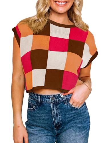 Image of Saodimallsu Womens Cap Sleeve Crop Tops Summer Color Block Going Out Crew Neck Knit Trendy Casual Sweater