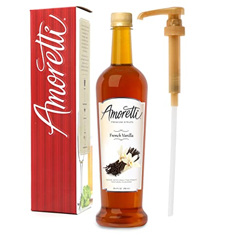 Amoretti - Premium French Vanilla Syrup With Pump For Flavoring Coffees, Cocktails, And Other Beverages, 94 Servings Per Bottle (750 Ml), Gluten Free, Gmo/Geo Free, Preservative Free #TOP21