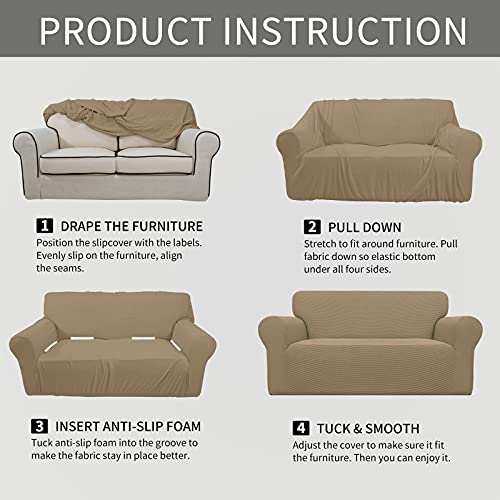 Image of Easy-Going Stretch Oversized Loveseat Slipcover 1-Piece Sofa Cover Furniture Protector Couch Soft with Elastic Bottom for Kids Polyester Spandex Jacquard Fabric Small Checks Tan