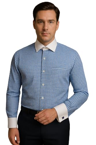 Image of Men's Premium Cotton Formal Dress Shirt - White Collar & French Cuffs with Cufflinks | Solid White, Micro Check & Striped for Office, Wedding