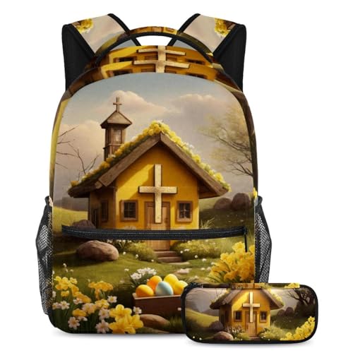 Sac à dos de jour jaune à motif croix pascale avec trousse d'école pour fournitures scolaires