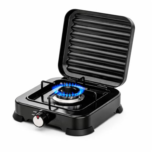 Cocina de gas portátil de 1 fuego para camping y exterior, hornillo de gas compatible con butano y propano, llama ajustable, 2.2 kW, tapa extraíble y fácil limpieza. (1 FUEGO)