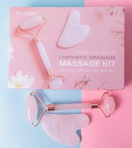 Image of Bruizex Lymphatic Drainage Face Massager Set: Rose Quartz Face Roller & Gua Sha Facial Tool for Lymphatic Massage, Muscle Tension Relief, Skin Care, for Lymphatic Massage Oil, Serum & Face Cream