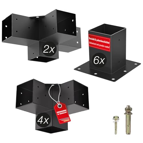 SOTECH SET de construcción 12 piezas (4 conectores de esquina + 2 conectores centrales + 6 casquillos de tierra) cuadrado 90 x 90 mm de acero galvanizado y recubierto de polvo negro