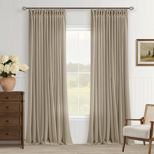 Image of Light Brown Pinch Pleated Semi Sheer Linen Cottage Curtains 90 Inch Long