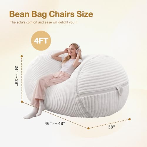 Image of 4FT Bean Bag Chair 4'Big Bean Bag Chairs with Adults, Large Beanbag Chair | Bean bag Lounger with Machine Washable Cover Corded Plush Fabric, Comfy Chairs for Living Room Bedroom Dorm, Beige