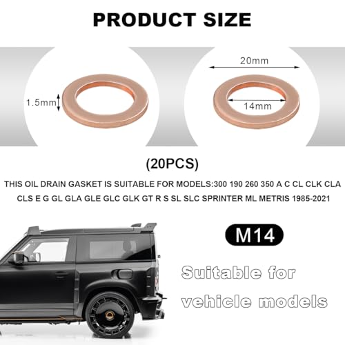 Image of 20 PCS Oil Drain Plug Gasket, 14mm Copper Oil Drain Plug Crush Washer Seal Rings, Oil Sealing Gasket Replacement Compatible with OEM PN Part 007603-014106, Car Accessories