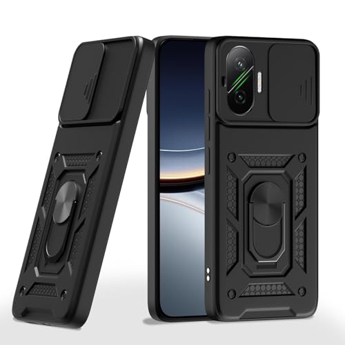 Image of Pikkme Back Cover for Poco F7 5G | D10 Tough Armor | 360 Protection Case | Sliding Camera Shield Cover & Ring Holder Stand Bumper Case (Black)