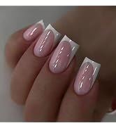 French Tip Press On Nails - Short Square Pink & White Designs, 24 Pcs Glossy False Nails with Glu...
