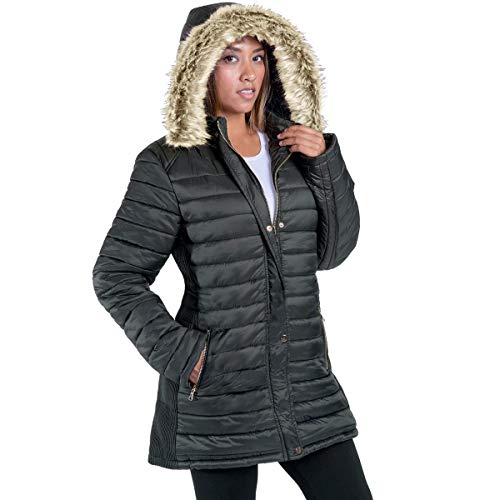 Facitisu Womens Winter Warm Jacket Long Down Faux Fur Hooded Quilted Sherpa Lined Coat (Black, L)