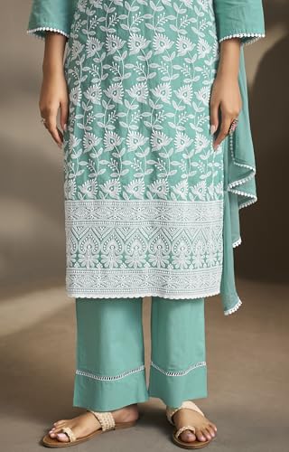 Image of DRESOUL Women Pure Cotton Schiffli Embroidered Kurta Set and Dupatta