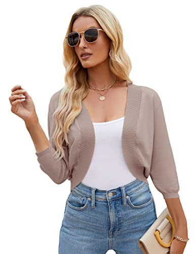 Image of Women's 3 /4 Sleeve Cropped Cardigan Sweater Open Front Short Shrugs Cardigans Lightweight Sweaters