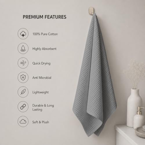 Image of Pure Cotton Waffle Towel | Lightweight | Anti Microbial and Water Absorbent | Soft Touch Quick Drying Bath Towel (Silver, Pack of 1)