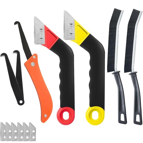 Grout Removal Tool Kit, 2 Tile Grout Saws with 6 Replacement Blades, Hand Grout Saw and 2 Cleaning Blades, 2 Brushes for Tile Gap Cleaning and Repair